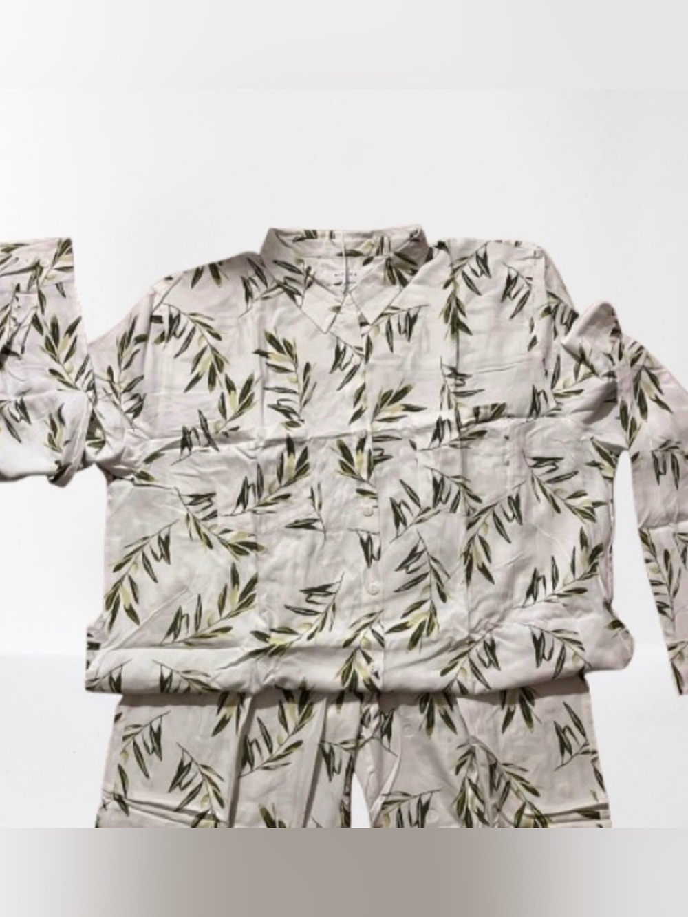 Piyama Marlon Leaf Print Cotton Pajama Set in Cream and Olive Medium Shirt/Pant - Picture 4 of 11